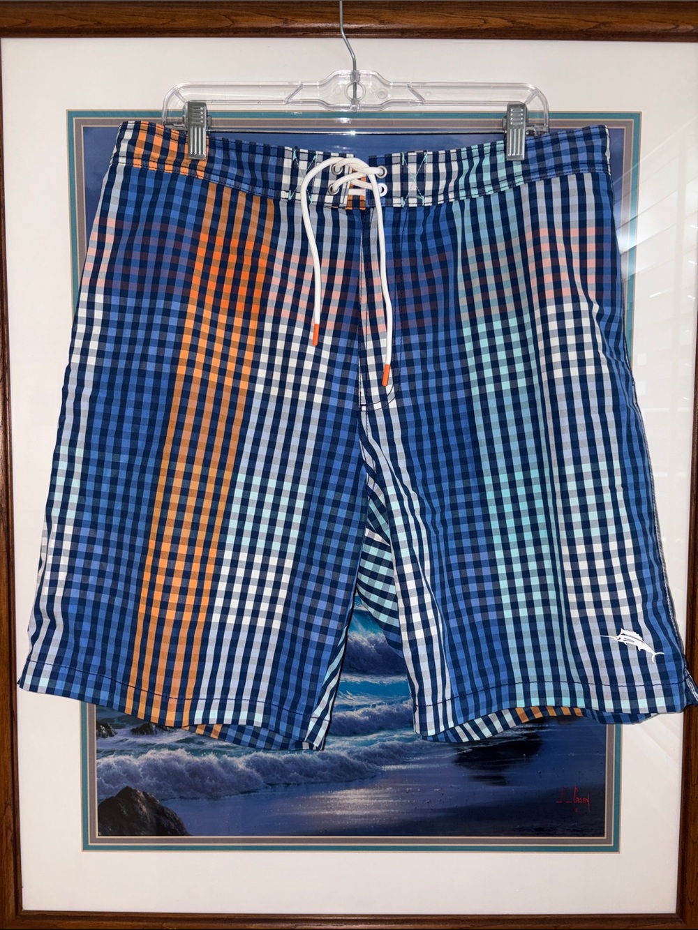 Tommy Bahama Blue Plaid Swim Board Shorts with Orange Accent